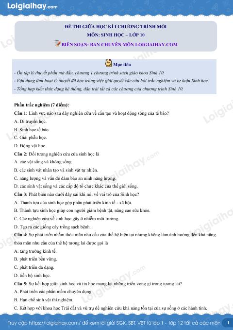 Đề thi giữa kì 1 Sinh 10 Kết nối tri thức - Đề số 6